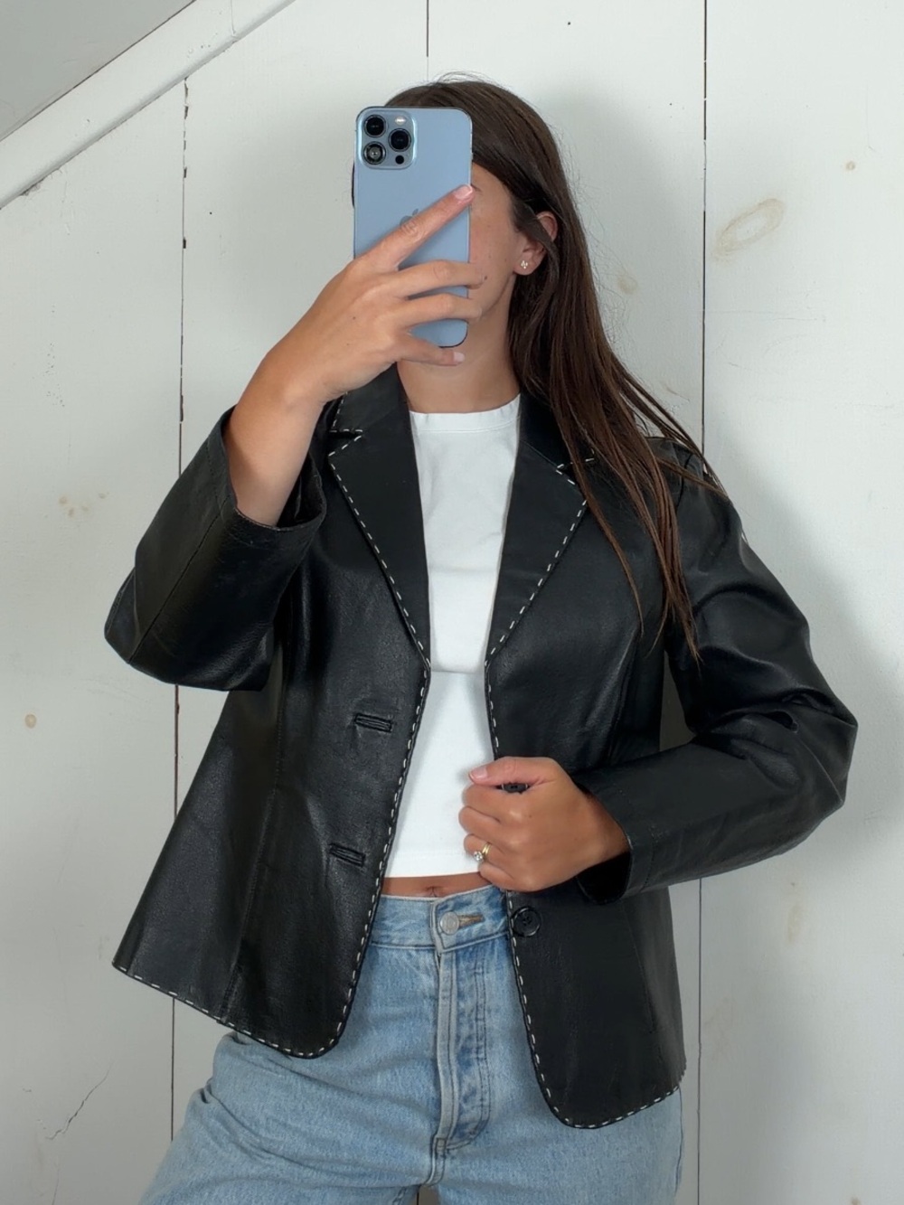 Petite Sophisticate Black Leather Blazer Jacket Women’s Small Contrast Stitching